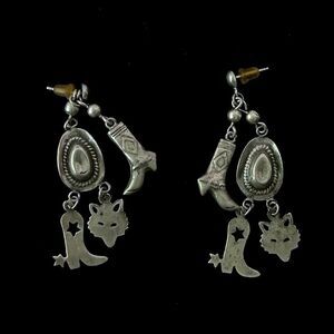 Vintage Sterling Silver 925 Western Cowgirl Dangle Pierced Cluster Earrings